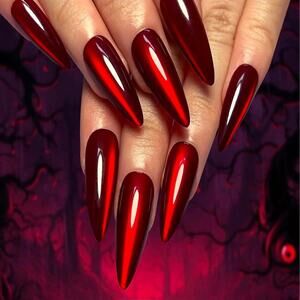 24 Red CAT EYE Press On Nails with glue extra long stiletto magnet galaxy
